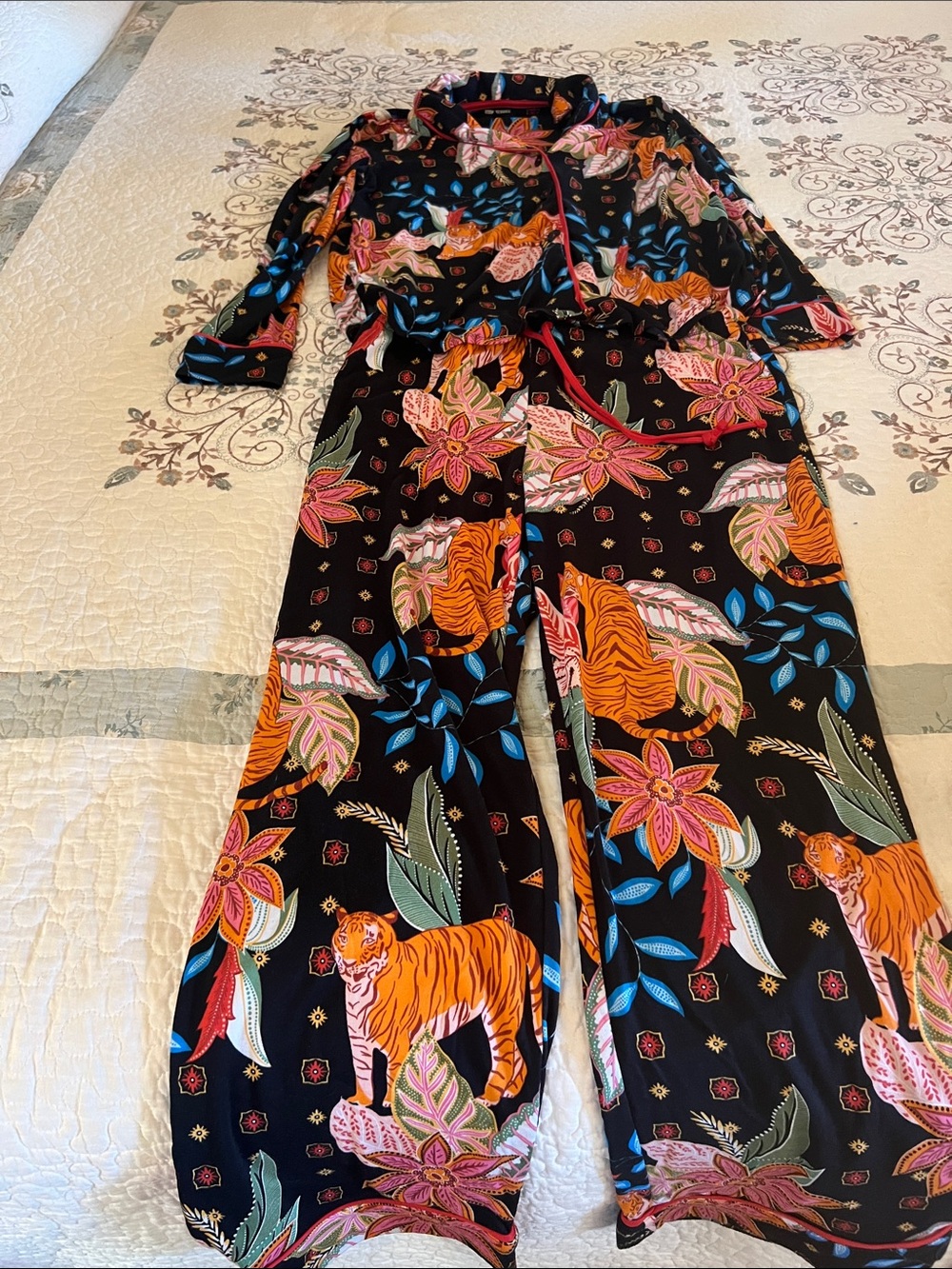 Black Floral & Tiger Print Pajama Set - Vibrant Black Lounge Set. Room service.
